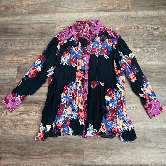 Free People Brunch A Bunch Floral Tunic Dress Boho ButtonFront Puff Sleeve Large - Picture 2 of 9